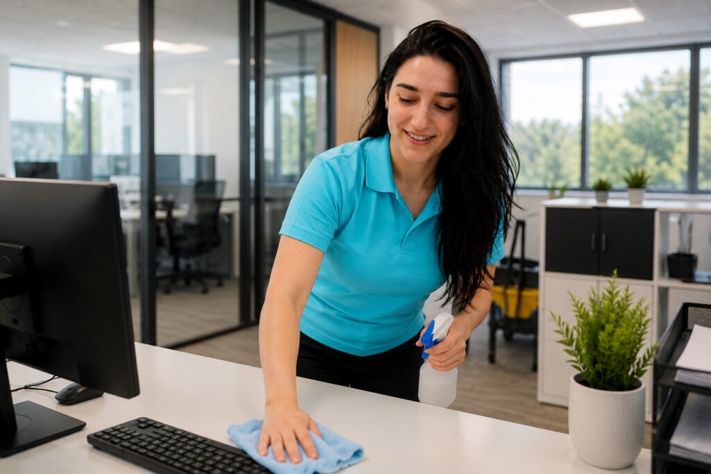 Professional office cleaning in Ammanford by The Moppit Show, cleaning a modern office workspace for businesses across Carmarthenshire.